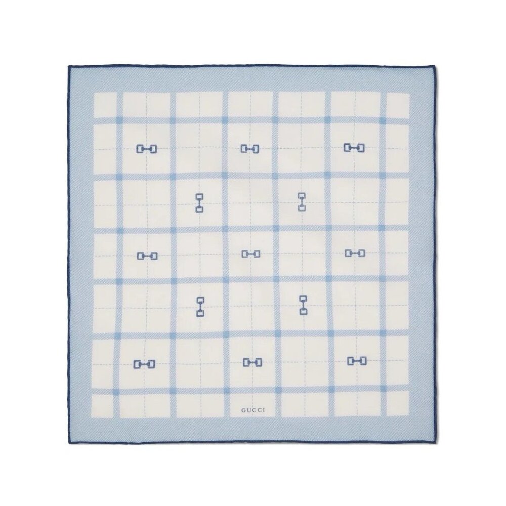 NWT GUCCI Horsebit Check Cotton Pocket Square In White Blue 100% Authentic 35 Cm